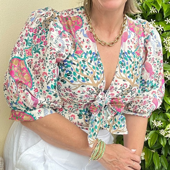 Sandro Floral Tie Top Printed Cropped Top In Linen And Silk - Picture 2 of 12